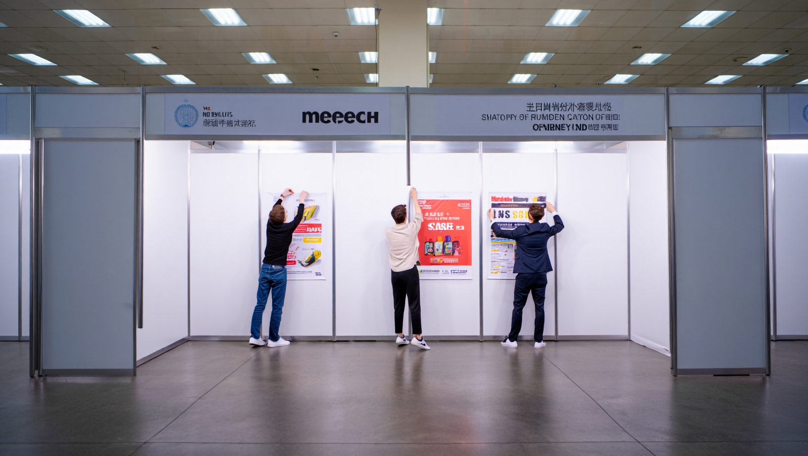 team-preparing-event-booth-by-hanging-promotional-posters