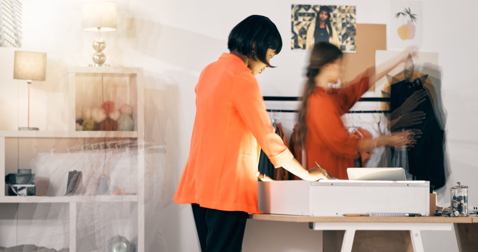 Teamwork, fashion designer or women in workshop for small business, textile pattern or creative clothes. Blur, production stylist or busy people in design agency for boutique, modern style or startup.