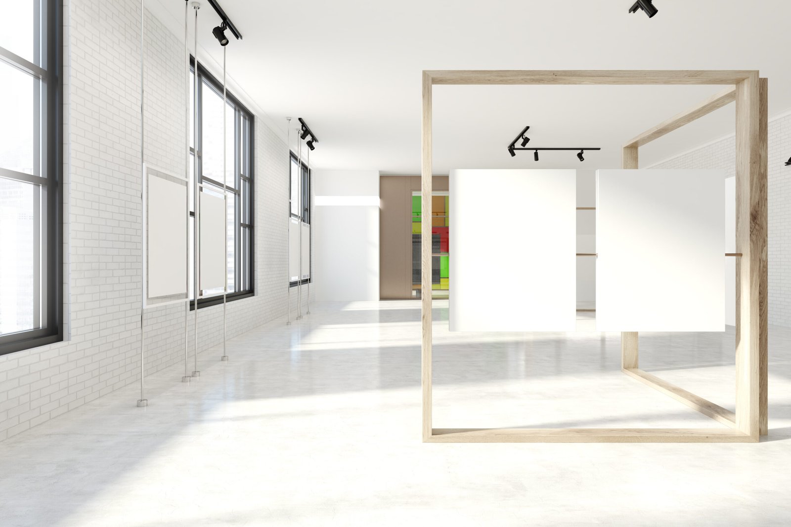 White wall poster gallery with large windows, a white floor and two vertical mock up posters hanging in a wooden frame. A front view. 3d rendering