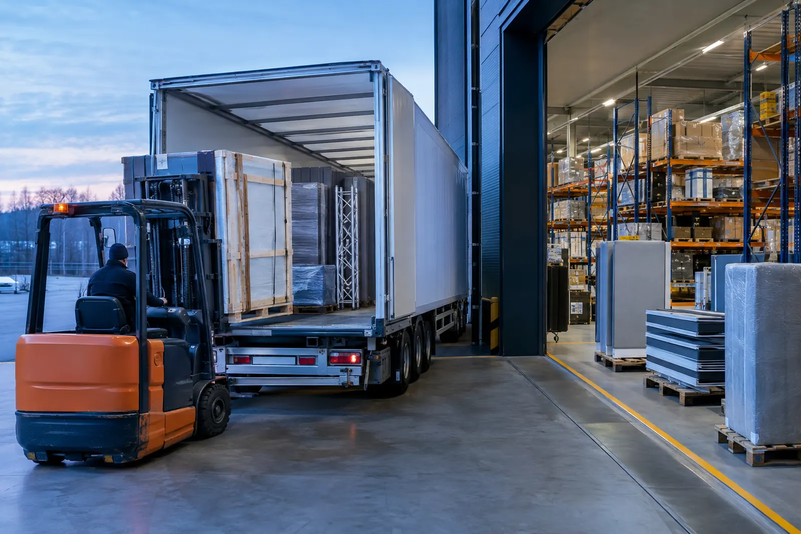 Camion e magazzino per il trasporto degli allestimenti fieristici